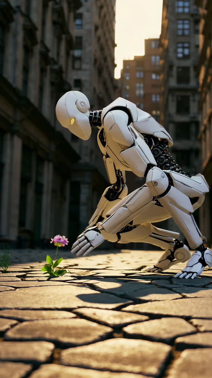 Robot and Flower in a Cityscape