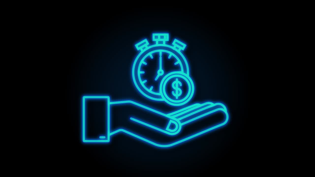 Neon Timer and money in hands. Clock and bag, time is money, fast loan, payment period, savings account. motion graphic
