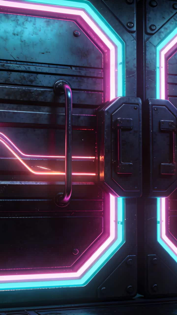 Porta metallica cyberpunk con luci al neon pulsanti