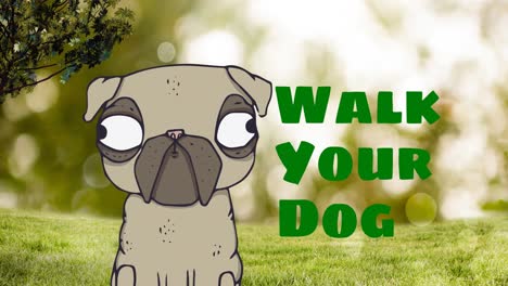 animación de pasear a su perro texto en verde con retrato cómico de perro pug, sobre la hierba y los árboles en el parque