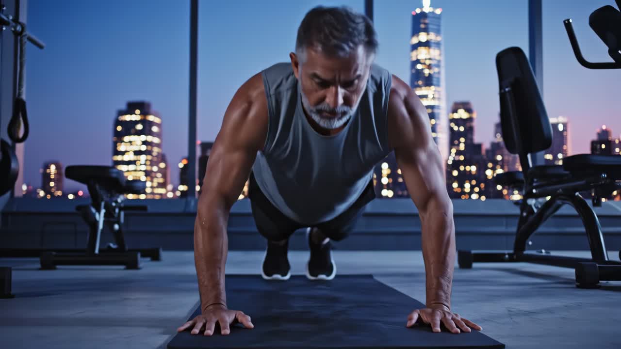 uomo maturo che fa flessioni in palestra di notte