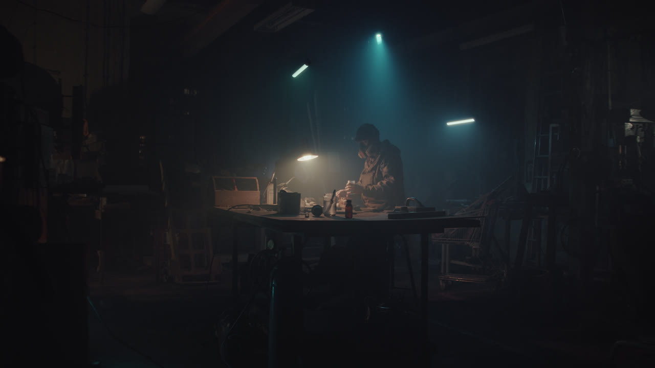 A bombmaker assembles a bomb in his workshop at night