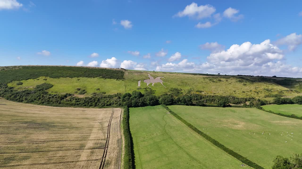 Osmington, Dorset,flight towards the famous white horse landmark on the hillside over valley and fields ending up full frame on sunny day