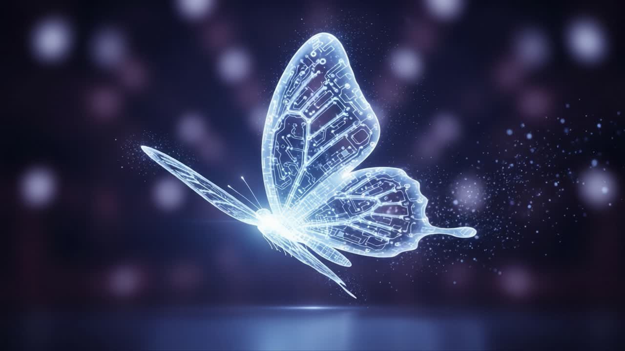 A captivating digital representation of a glowing butterfly, showcasing intricate circuit patterns and sparkling effects, set against a blurred backdrop of light circles