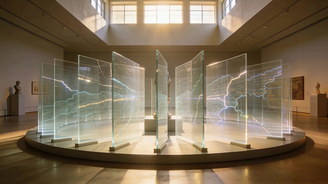 Starting timed exhibit rotating panels and casting lightning under gallery skylight