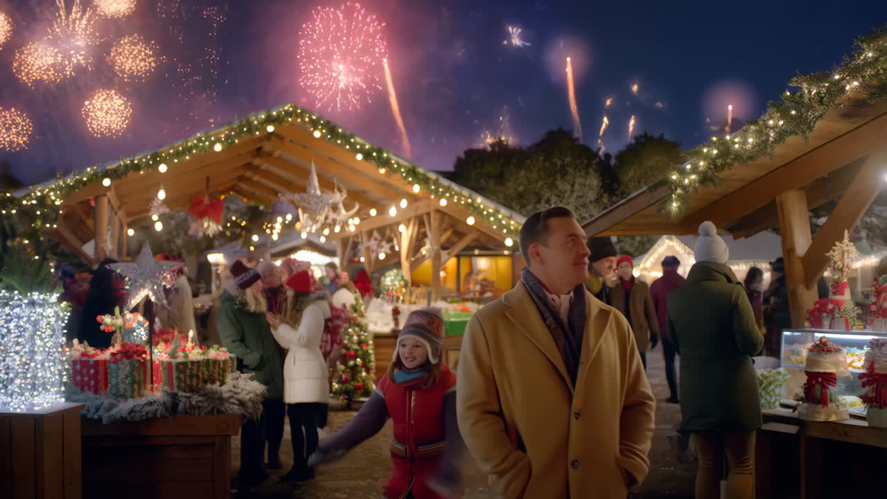 People enjoying fireworks at a festive winter market