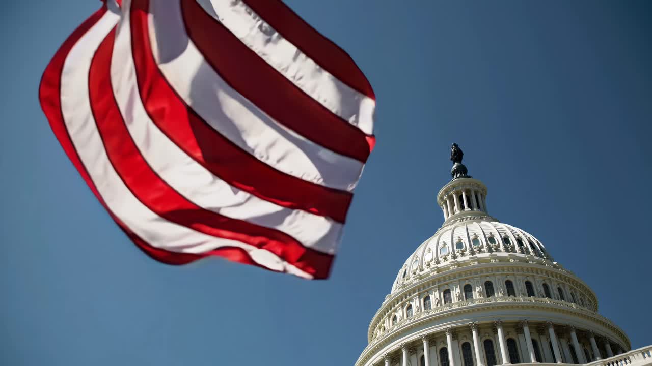 Low-angle video shot capturing the U.S. Capitol dome with an American flag waving in the foreground