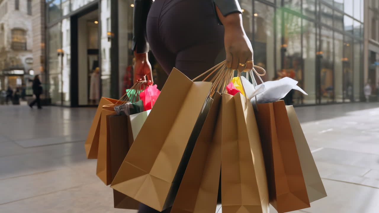 Black Woman Shopping With Multiple Bags, Walking Through City Shopping District, Boutique Windows Lining