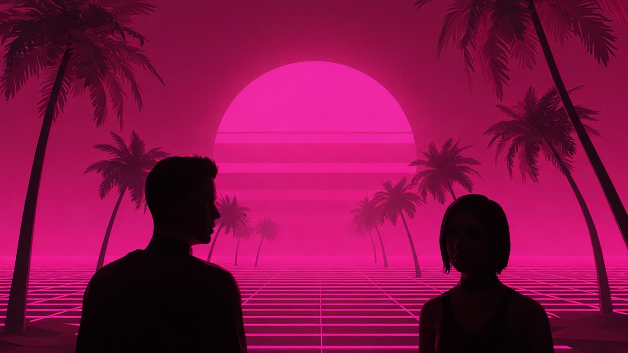 A mesmerizing scene featuring silhouettes of two figures against a vibrant pink sunset, surrounded by palm trees, capturing a surreal and nostalgic atmosphere