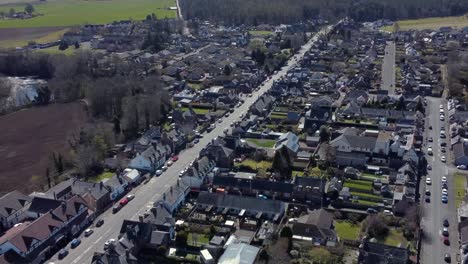 Aerial-view-of-the-Scottish-town-of-Edzell-on-a-sunny-spring-day,-Angus,-Scotland