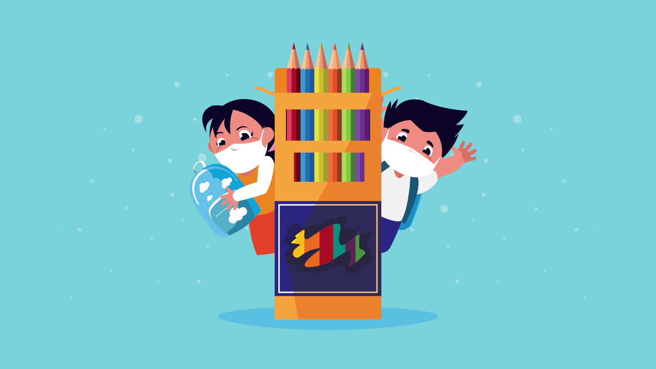 어린 학생들은 색 연필과 함께 의료 마스크를 착용합니다.