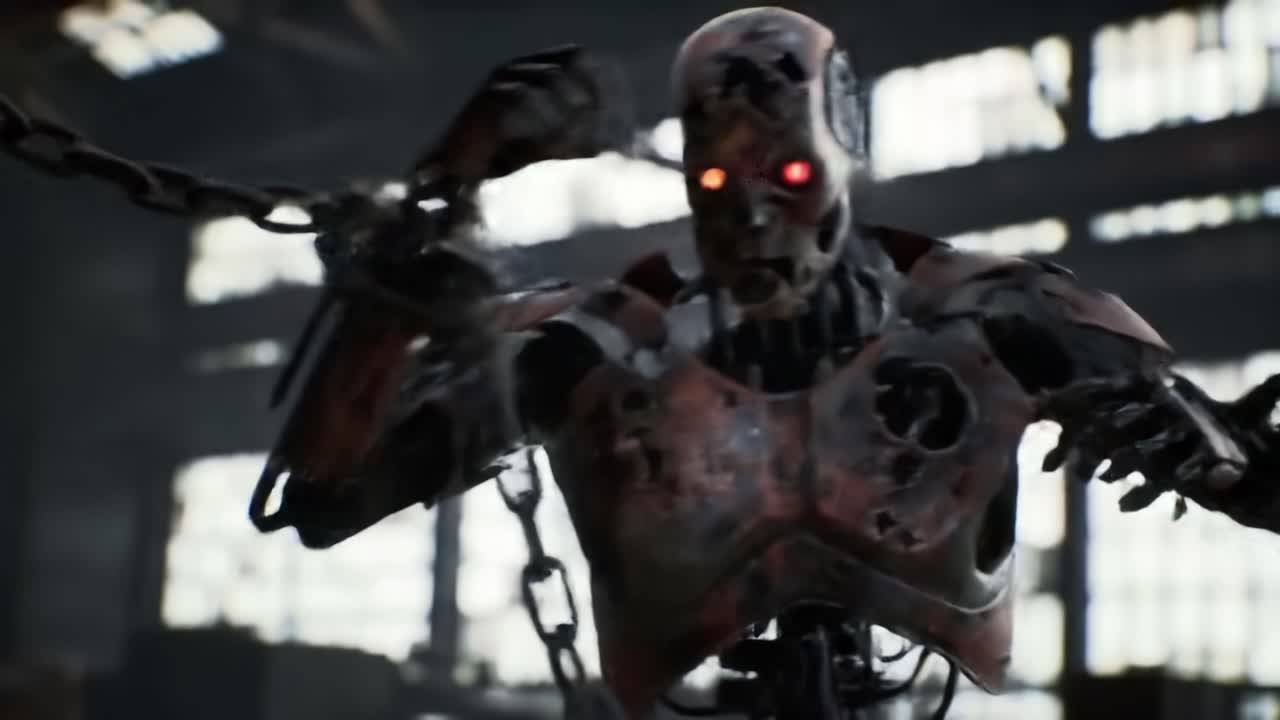 Dystopian Machine Rising: A Glimpse of a Rusted Cyborg's Prowess in a Shadowy Environment Filled with Industrial Decay and Suspenseful Atmosphere