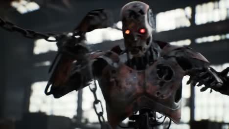 dystopian machine rising: a glimpse of a rusted cyborg's prowess in a shadowy environment filled with industrial decay and suspenseful atmosphere