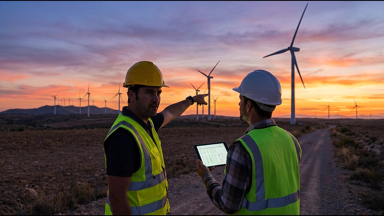 Renewable energy engineers inspecting wind turbines with tablet device during colorful sunset at remote wind farm