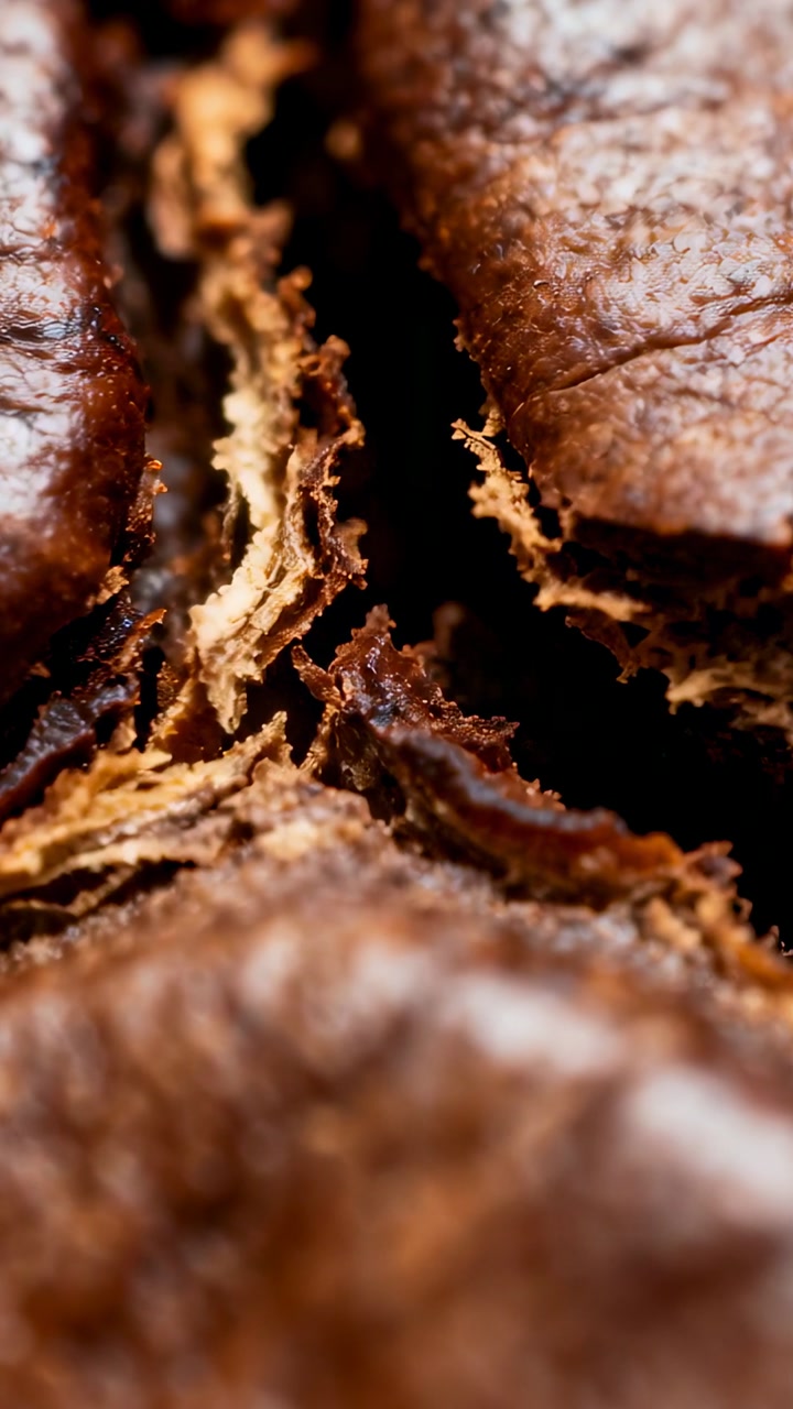 Vertical video: Pulling focus camera revealing roasted coffee bean crease on table exposing flakes