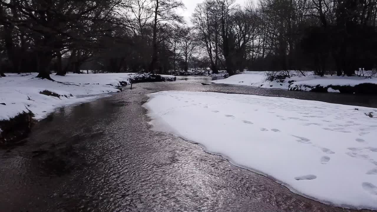 Drone che vola sopra un fiume in inverno, nella New Forest, Hampshire, Regno Unito