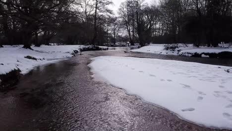 drone flying over a river during winter, in the new forest, hampshire, uk