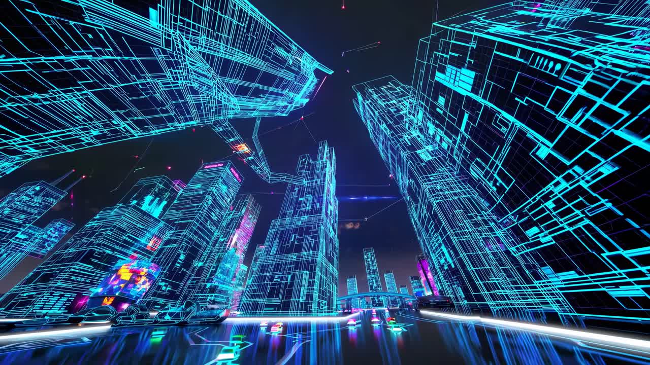 Futuristic cityscape with neon blue wireframe skyscrapers, viewed from a low angle