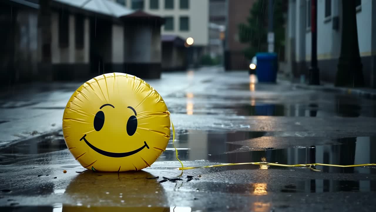 A deflated smiley face balloon on a wet street, captured at eye level
