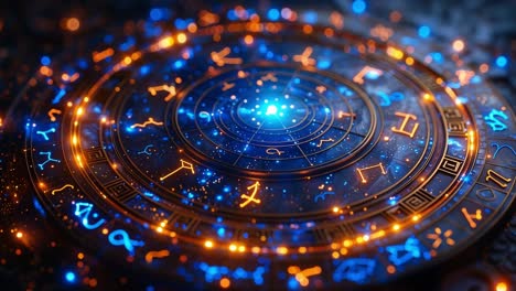 Bright cosmic zodiac circle. A glowing zodiac circle in vibrant colors contrasts with a dark background, symbolizing astrology and the cosmos.