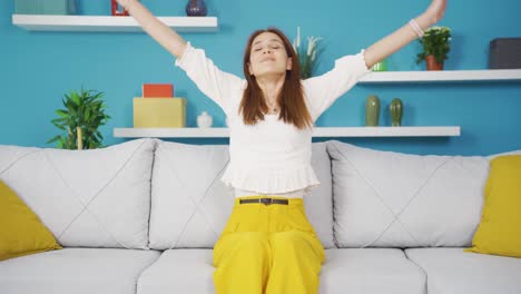 happy deep breathing young woman.