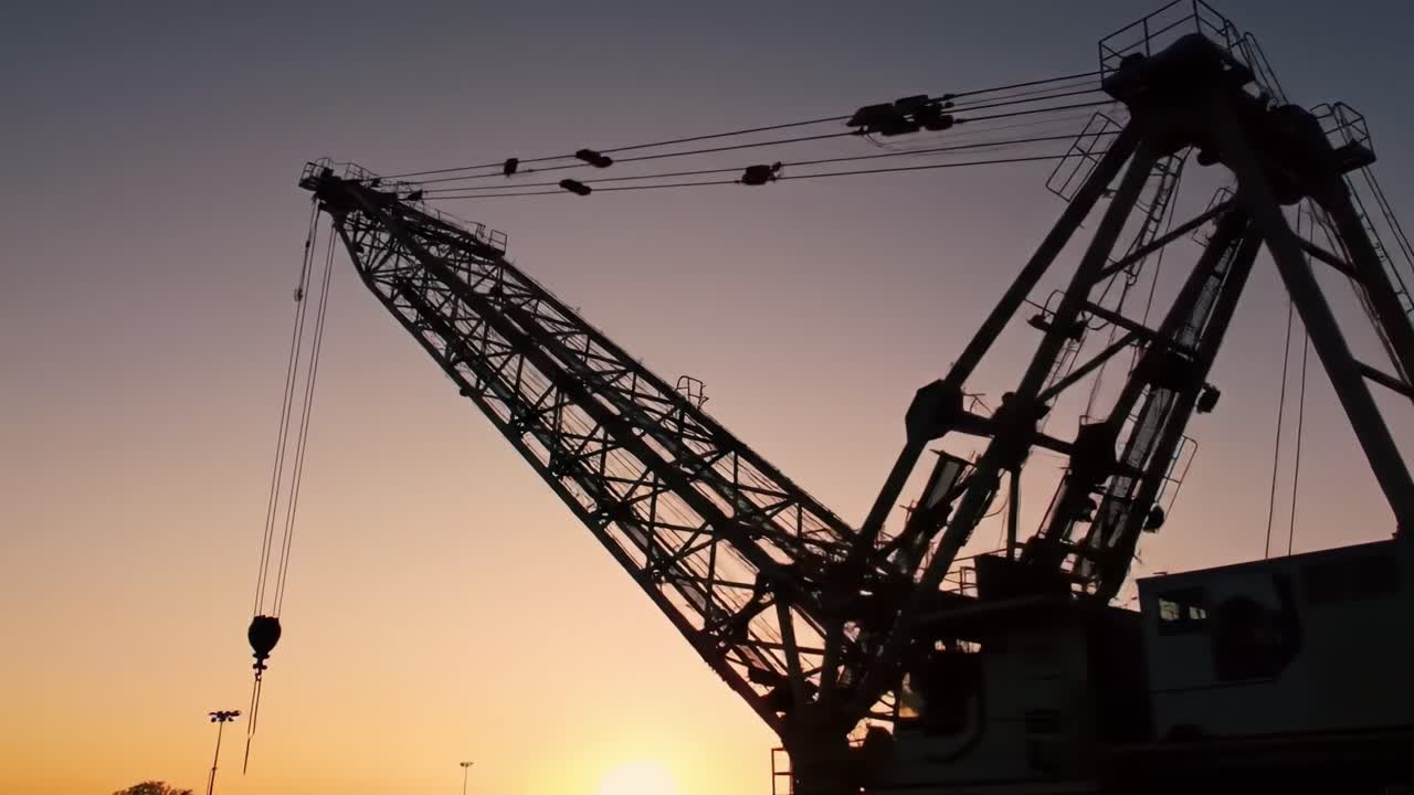A large crane stands silhouetted against a vibrant sunset, lifting materials at a busy construction site in a city. The activity highlights the importance of machinery in building projects.