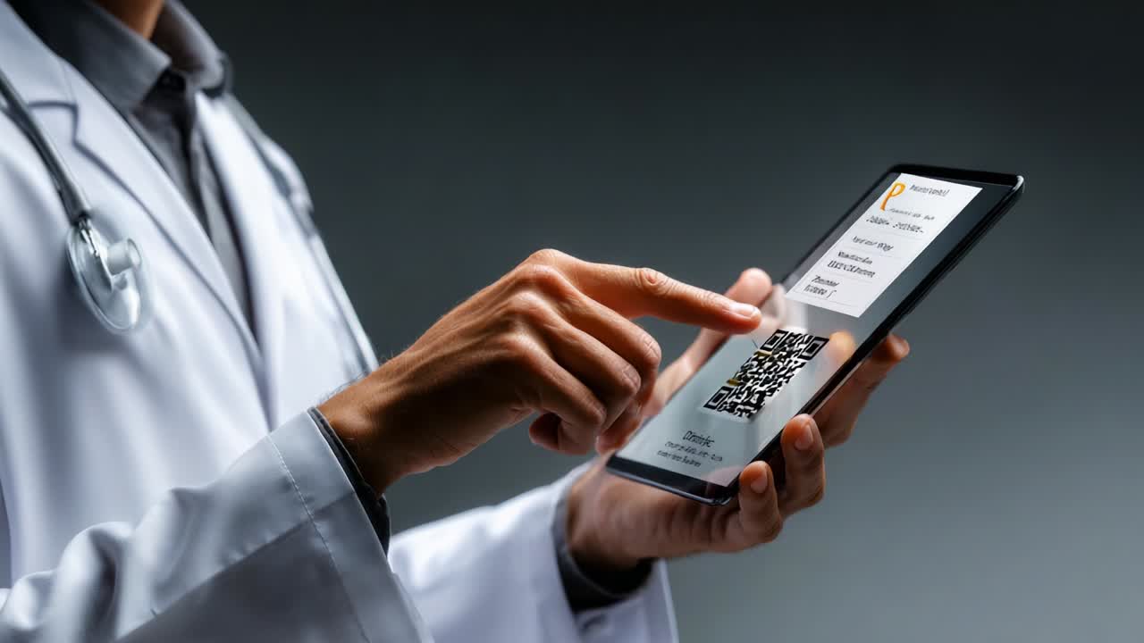 A healthcare professional interacts with a digital device displaying QR codes and information in a modern medical setting, showcasing the integration of technology in patient management and telehealth services