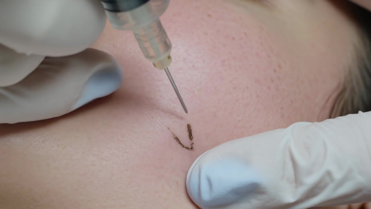 Operatore guantato che traccia una curva con una matita verde sulla guancia in clinica, allineando l'ago per il trattamento