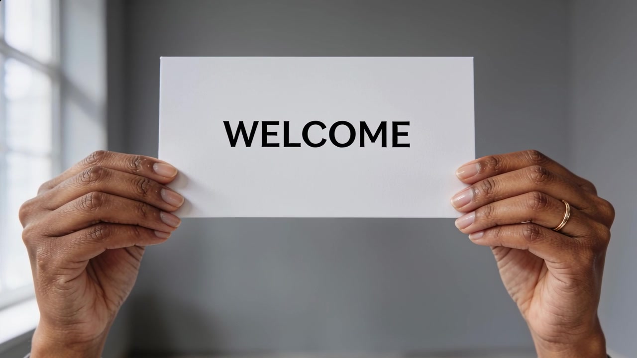 Raising hands wearing gold ring and dark sleeves, holding centered WELCOME card in office, greeting