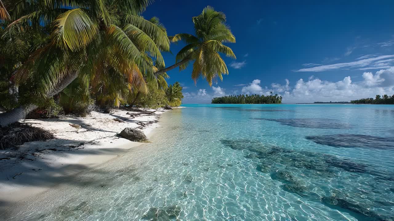 Um paraíso tropical sereno com águas cristalinas e exuberantes palmeiras balançando suavemente na brisa, ideal para entusiastas de relaxamento e beleza natural