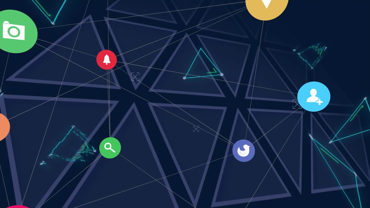Animation of icons in circles connected with lines and triangles against black background
