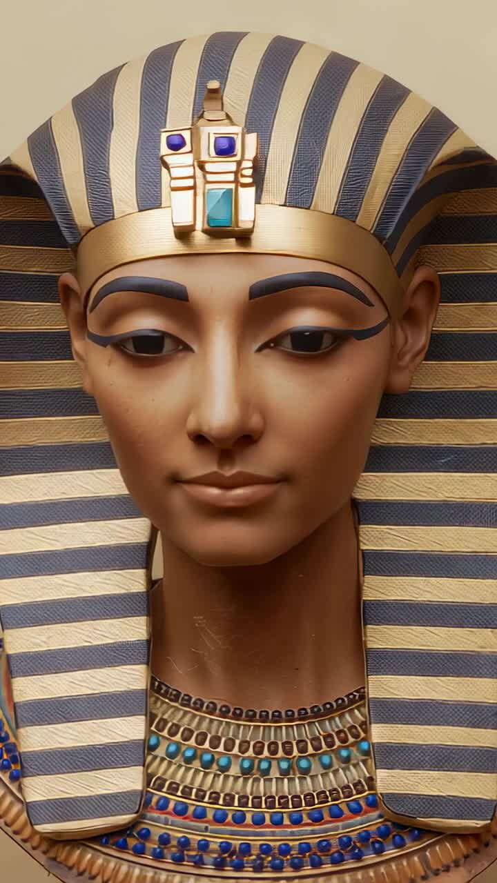 Verticale video: startende camera die in een boog rond de buste van Nefertiti in een galerie draait en de nemes-hoofdtooi laat zien