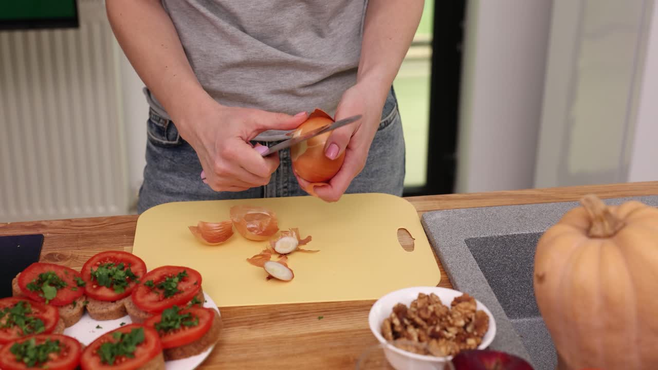 Preparing Food with Onions and Tomatoes