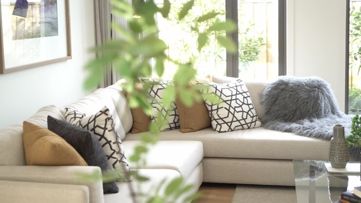 Real estate shot of beautiful home in dining and living room with white cream couch
