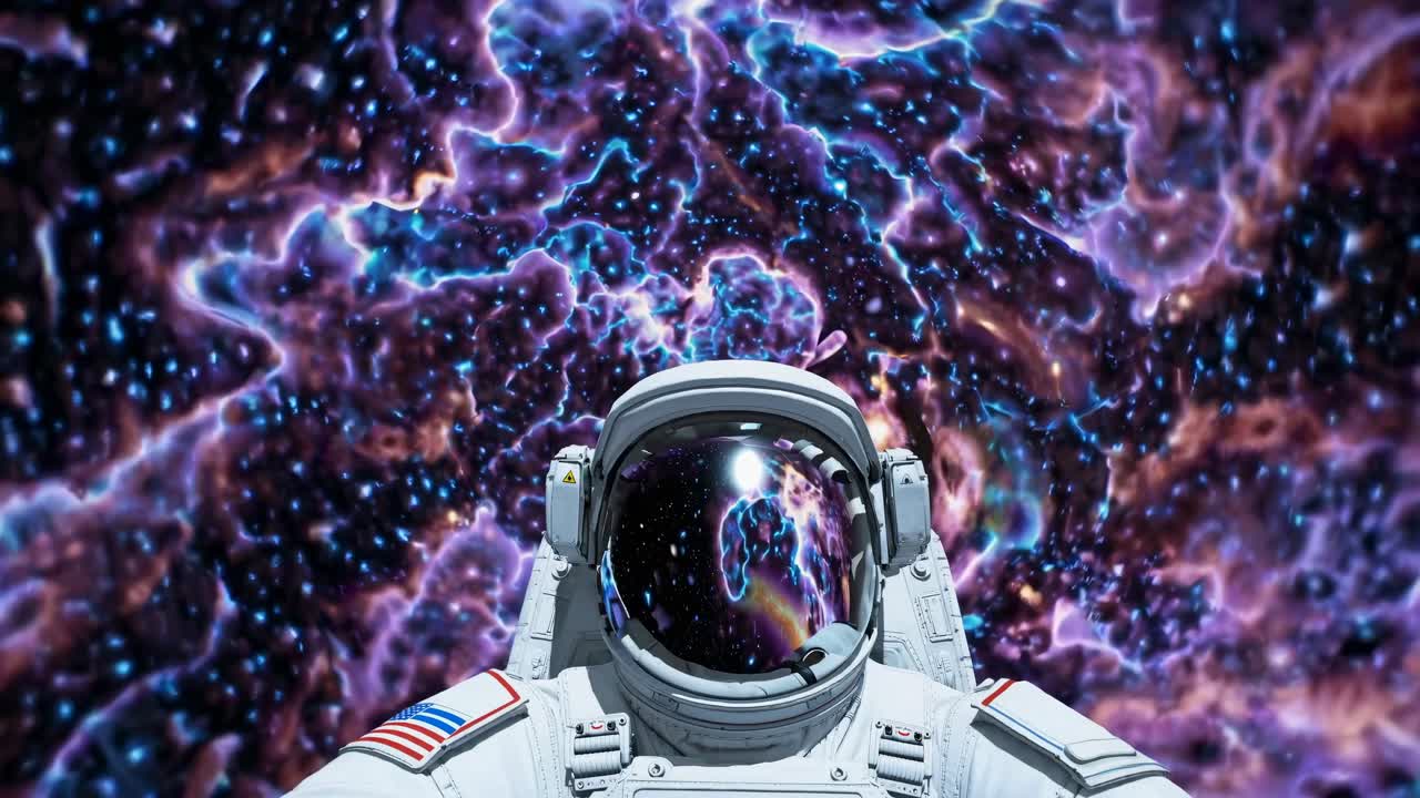 Et frontalt videobillede af en astronaut, der svæver i rummet, omgivet af levende, hvirvlende kosmiske