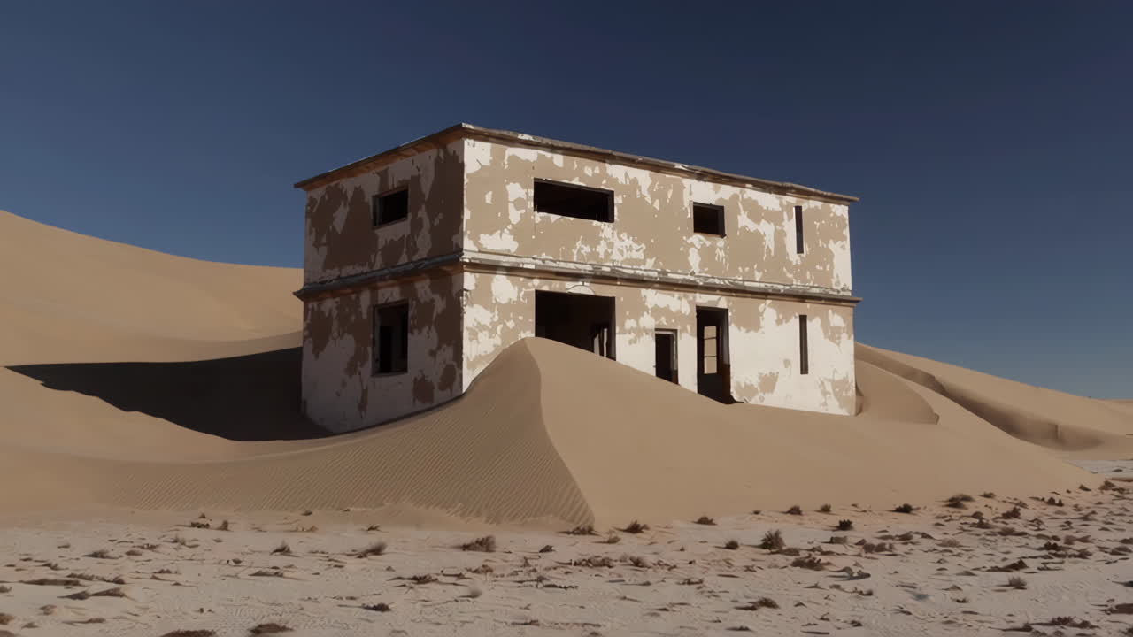 Abandoned Building Buried in Sand Dunes in a Desert