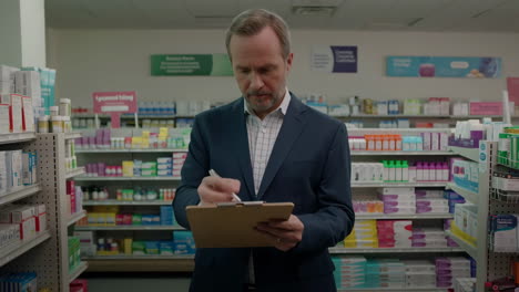 man inspecting products with a clipboard in a pharmacy aisle