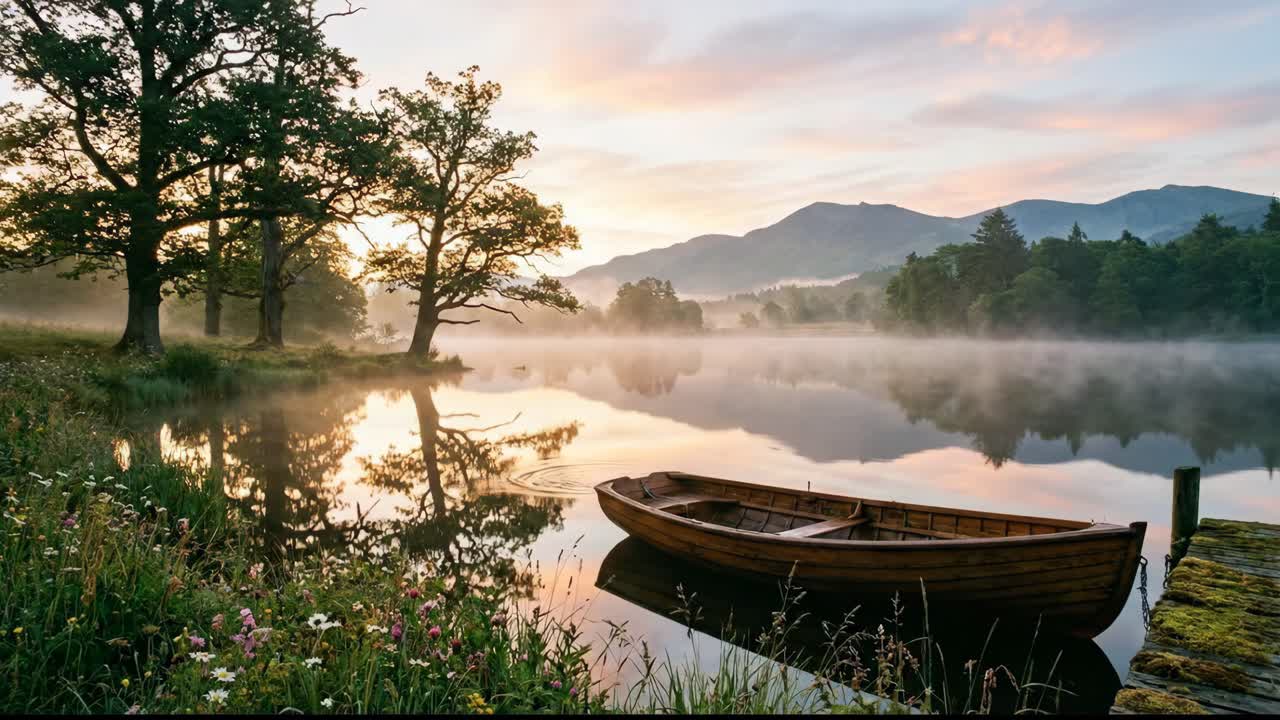 Perahu dayung kayu di danau berkabut saat matahari terbit berlatar pegunungan