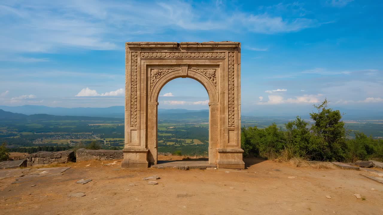 Starting camera zoom bringing viewer closer to ornate stone arch on hilltop, highlighting carvings