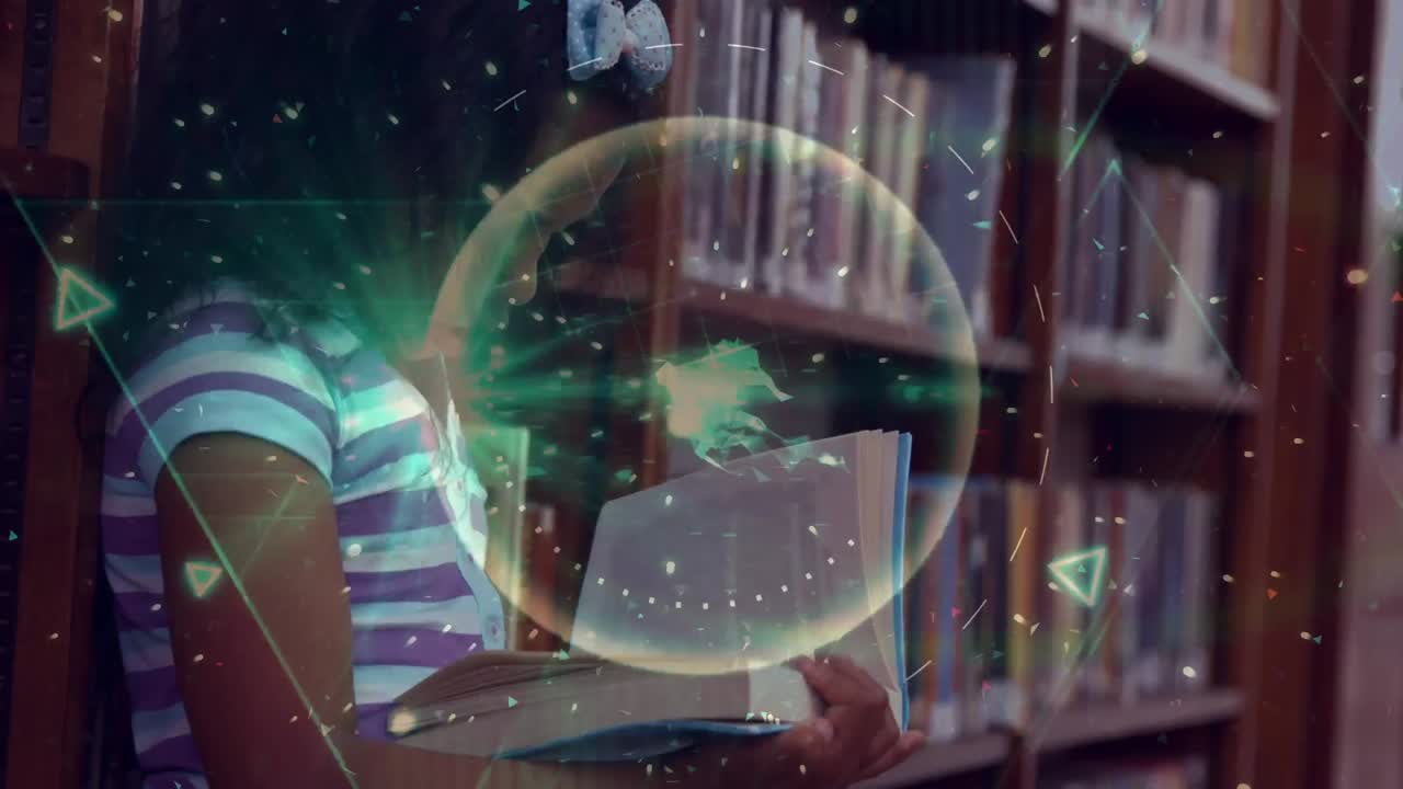 여학생 독서에 대한 연결 및 데이터 처리의 애니메이션