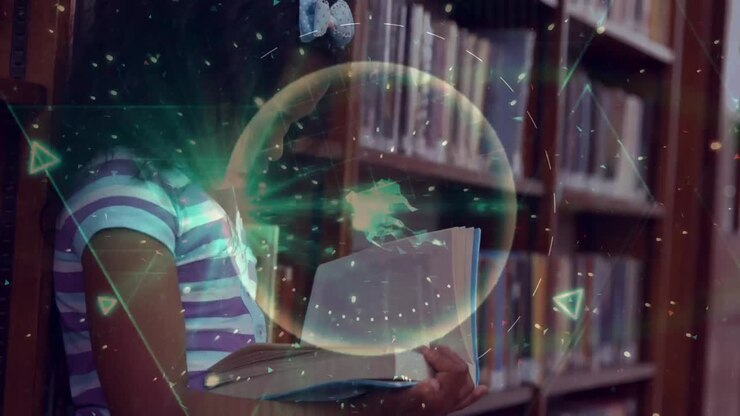 Animation of connections and data processing over schoolgirl reading