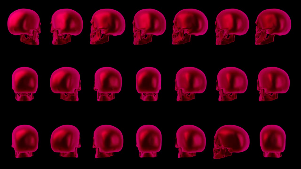 Sfondo spettrale di Halloween. Teschi umani rossi in rotazione. Teschio neon spettrale. Loop