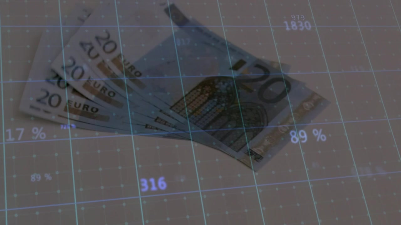 Banconote da 20 euro che entrano dall'alto a destra, si dispongono a ventaglio e ruotano, con la griglia che si aggiorna mostrando un calo.