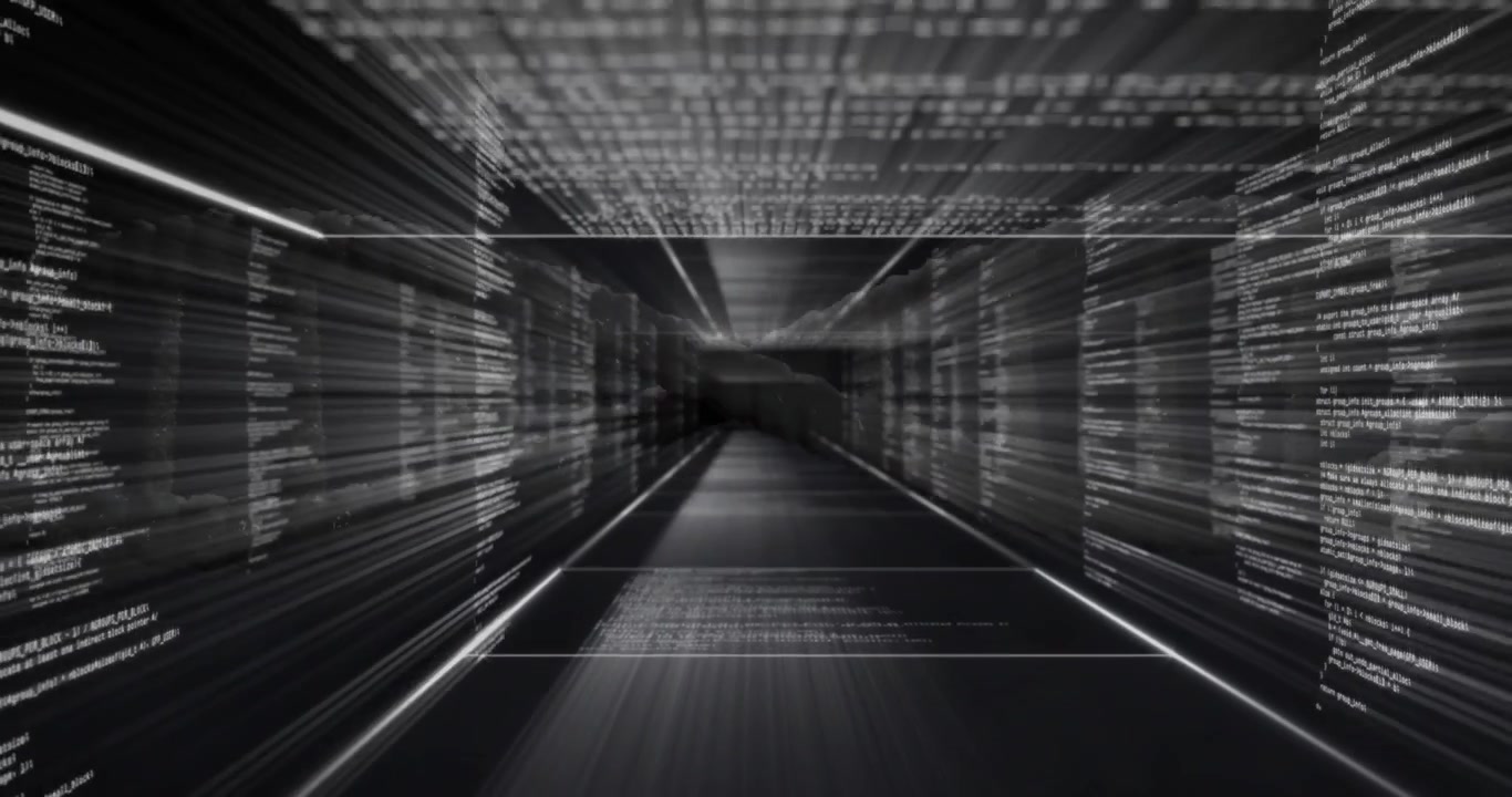 On start data corridor pushing forward, side code streaking, HUD rushing, simulating data flow