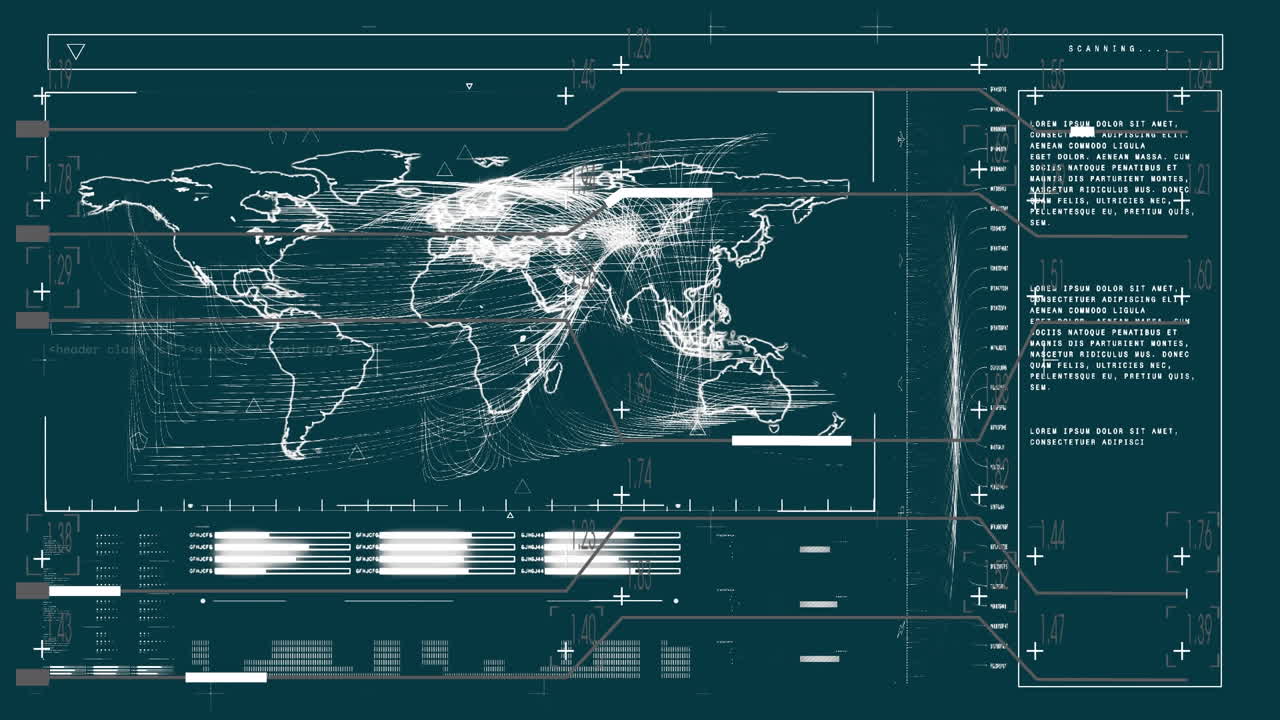 Animation of data processing and world map over gray background