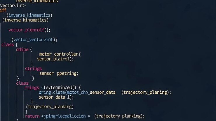 Primo piano di codice informatico su sfondo scuro con riflessi al neon