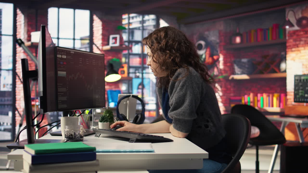 Female day trader examines stock market graphs on dual monitors