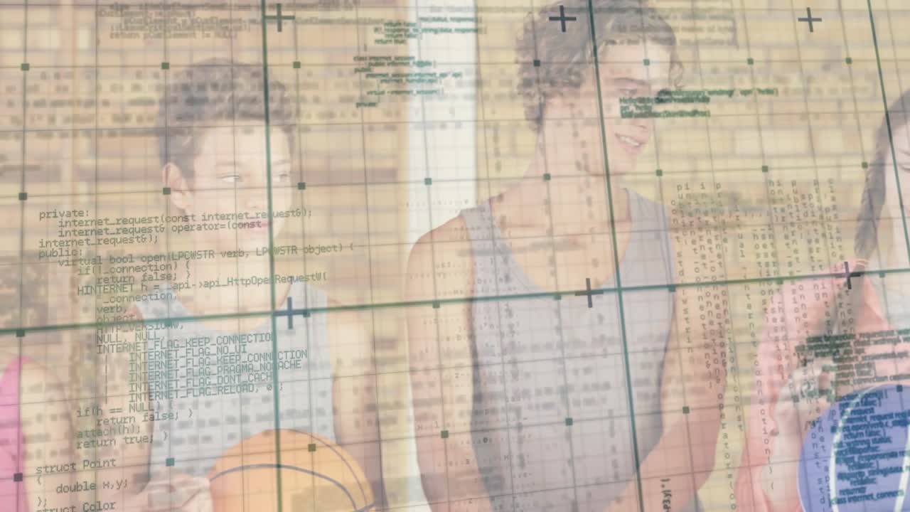 Left teen glancing center teen turning head touching braid grid overlaying basketballs for sports