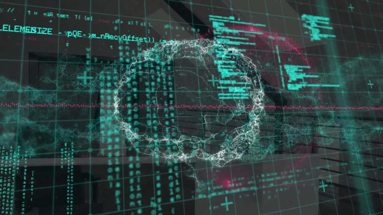 Animation of data processing and digital brain over office