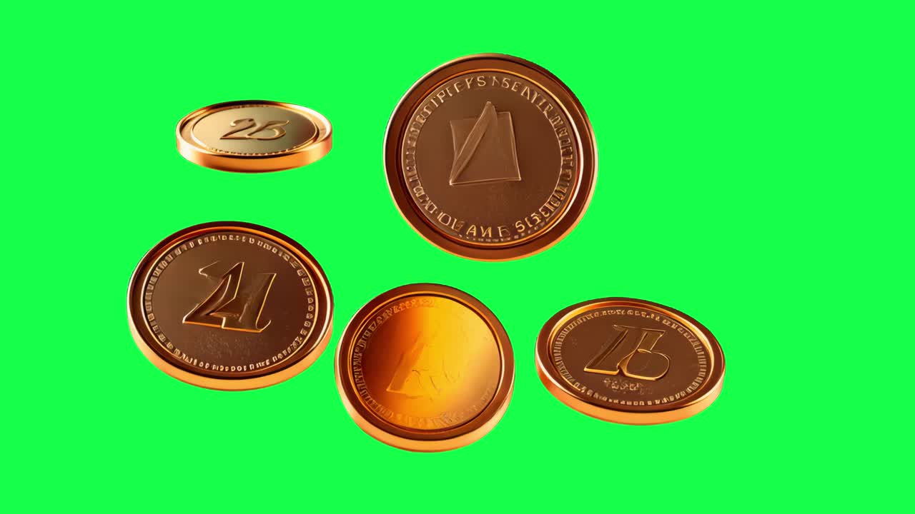 Floating golden coins animation, transparent 4K video, green screen